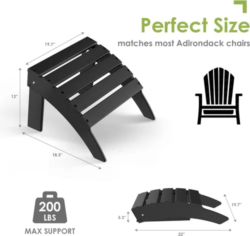 Miniatura 2 de GREENVINES Adirondack-Ottoman Plástico HDPE Reposapiés para exteriores Todo tipo de clima Reposapiés Taburete para pies Negro para Agua