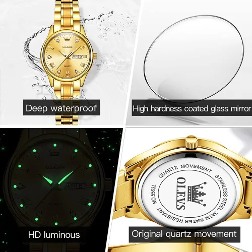 Miniatura 5 de OLEVS Reloj de pulsera para mujer clásico elegante con diamantes dorados de acero inoxidable impermeable para día