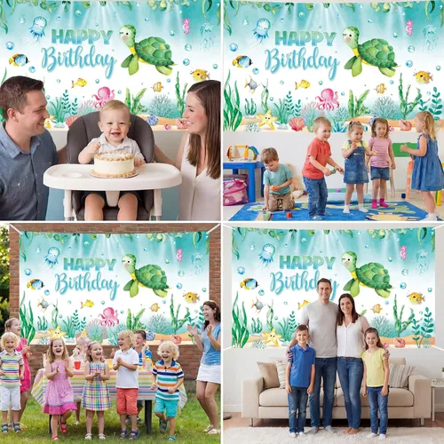 Miniatura 7 de Preboun Pancarta de fondo de cumpleaños de tortuga oceánica, decoración de fondo de fotos de animales marinos del océano para fiesta de cumpleaños
