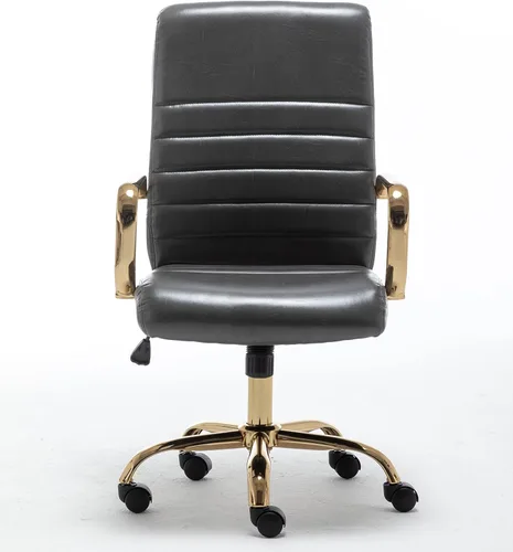 Miniatura 10 de BTEXPERT Silla de escritorio ajustable de piel sintética negra con brazos dorados, respaldo alto, para oficina en casa, (5162BK)