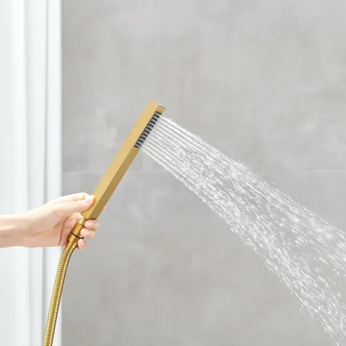 Miniatura 6 de Grifo de Bañera Independiente de Montaje en Piso Llenador de Bañera Latón Dorado Cepillado Grifos de Baño Mango Único con Ducha de Mano Oro cepillado