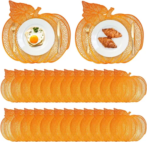 Miniatura 7 de Sliner Paquete de 12 manteles individuales de calabaza de Acción de Gracias de 17 x 16 pulgadas, de vinilo metálico prensado para otoño, decoración
