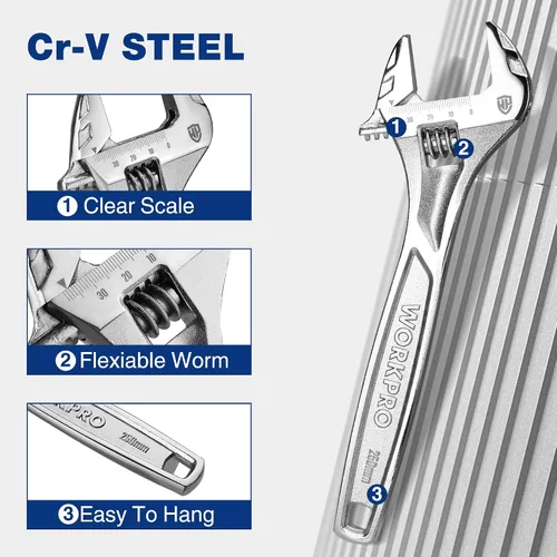 Miniatura 5 de WORKPRO Llave ajustable de 10 pulgadas de alta resistencia con escala imperial y métrica, llave premium de acero Cr-V, cromada Plateado