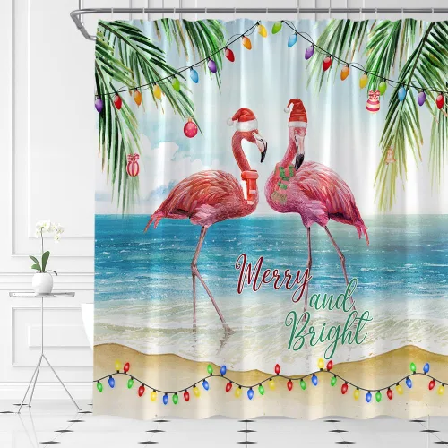 Cortina de ducha de flamenco de Navidad, pájaro tropical, pino, sombrero de Papá Noel, Año Nuevo, decoración de baño, juego de decoración de baño
