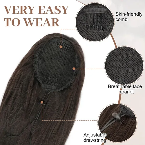 Miniatura 4 de KooKaStyle Extensiones de cola de caballo, 16 pulgadas, color marrón oscuro, largo, ondulado, con clip, extensiones de cabello sintético en capas