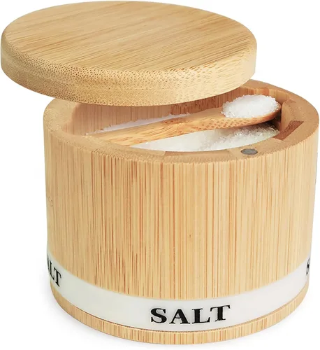 Miniatura 7 de ThougrLyh Caja de sal de bambú con tapa giratoria con imán para abrir y sellar fácilmente la bodega de sal con cuchara para almacenar sal, pimienta