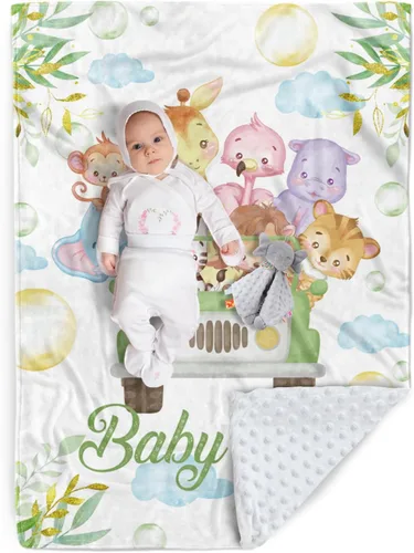 Miniatura 14 de Manta de bebé personalizada, nombre personalizado con diseño de animales del bosque, manta de felpa suave con respaldo punteado de doble capa