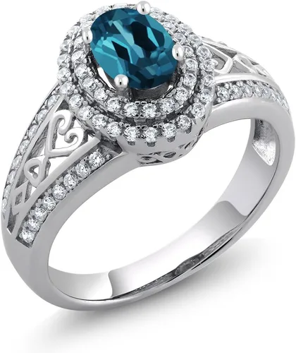 Miniatura 83 de Anillo de compromiso con halo de piedra preciosa y piedra natal en plata chapada en oro amarillo de 18 quilates, ovalado, 0.236 x 0.157 pulgadas