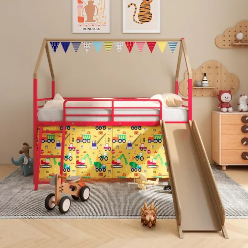 Cama tipo loft de metal tamaño individual con tobogán y cortina, cama tipo loft con escalera y riel de seguridad, marco de cama tipo loft para niños