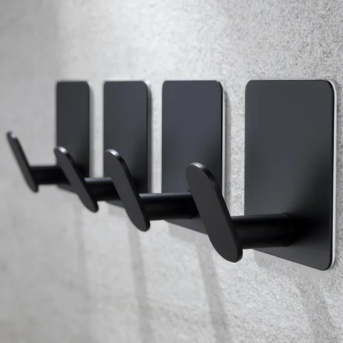 Miniatura 2 de YIGII Ganchos Adhesivos, Paquete de 4 Ganchos Negros para Toallas para Baño y Cocina, Gancho de Pared de Acero Inoxidable Impermeable para Colgar