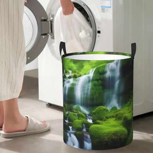 Miniatura 7 de Waterfall Green print Circular Hamper Waterproof Storage Bin Organizer Basket Laundry Hamper With Handles For Clothes Toys Small