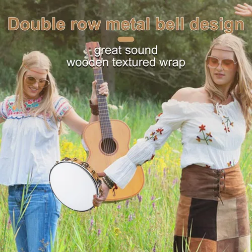 Miniatura 7 de Pandereta de 10 pulgadas para adultos, tambor musical de mano con doble jingles de metal, panderetas de mano para iglesia, baile, fiesta, decoración