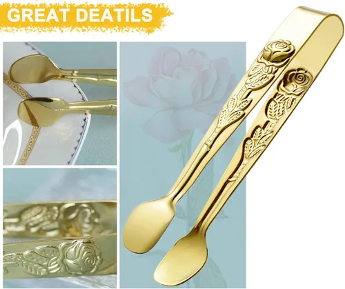 Miniatura 4 de HINMAY 6 pinzas pequeñas para servir de 5 pulgadas, pequeñas pinzas de metal para fiestas de té, cafeterías, postres (dorado)