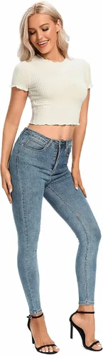 Miniatura 6 de LYANER Camiseta de manga corta para mujer, con ribete de lechuga, de punto acanalado, ajustada