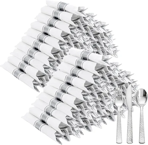Miniatura 10 de 400 piezas de cubiertos de plástico plateado preenrollados - Cubiertos de plata resistentes - Incluye 100 paquetes de utensilios desechables Plata