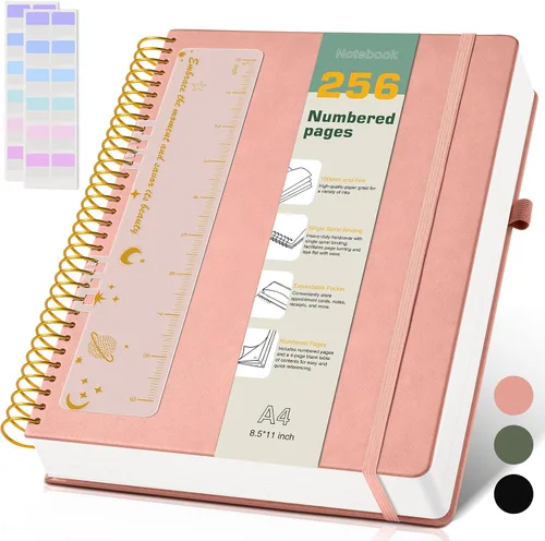 Miniatura 13 de Cuaderno de espiral A4 de 8.5 x 11 pulgadas, 256 páginas numeradas, de tapa dura, de cuero, para mujeres y hombres, cuadernos grandes rayados
