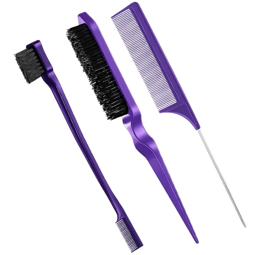 Miniatura 19 de Geiserailie Juego de 3 Cepillos para Cabello Slick Back, Cepillo de Cerdas, Control de Bordes, Peine Desenredante para Cabello Negro de Mujeres Rosa
