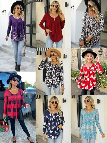 Miniatura 4 de Blusa casual de manga larga para mujer, ajuste holgado, plisada, con estampado floral de otoño