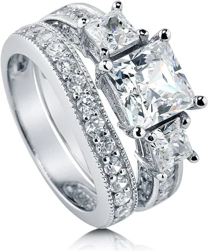 BERRICLE Juego de anillos de compromiso de boda de plata de ley de 3 piedras con circonita cúbica de corte princesa para mujer, chapado en rodio,