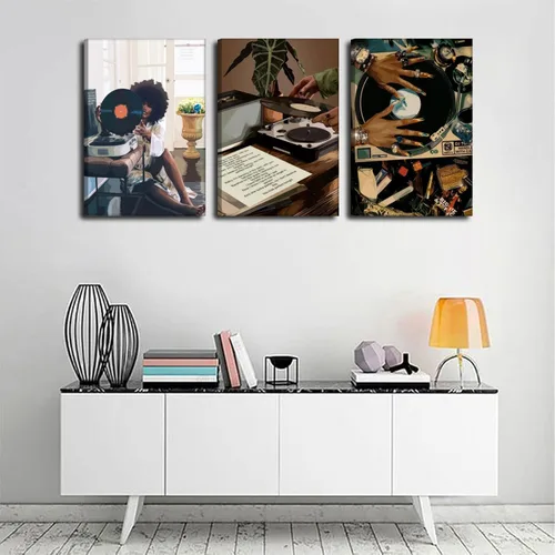 Miniatura 2 de Lienzo enmarcado de niña negra, 3 unidades, diseño de niña negra, música de discos, decoración de pared, cuadros de niña negra funky, pósteres