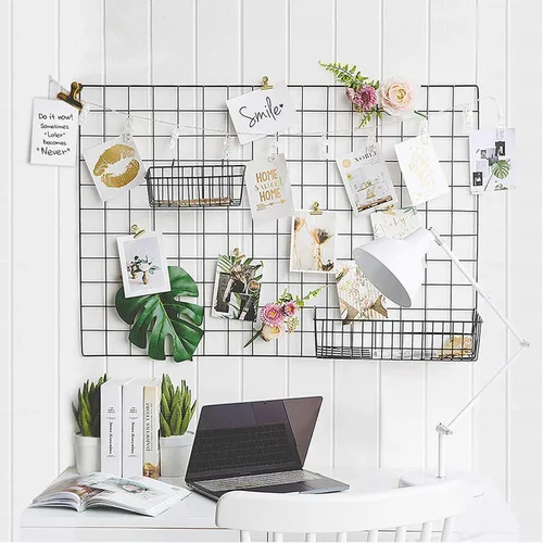 Paquete de 2 paneles grandes de rejilla de pared con luz y clips, tablero de exhibición de fotos, tablero de collage para marcos de fotos, panel de