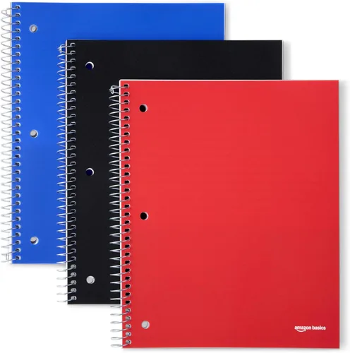 Amazon Basics Cuadernos de espiral de rayas anchas con divisor de bolsillo, 8 x 10.5 pulgadas, 100 hojas, páginas perforadas, varios colores