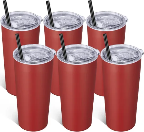 Miniatura 10 de VEGOND Vaso de 20oz a granel con tapa y pajita, vaso aislado al vacío de acero inoxidable de doble pared para café, viaje, paquete de 1 unidad, Rojo