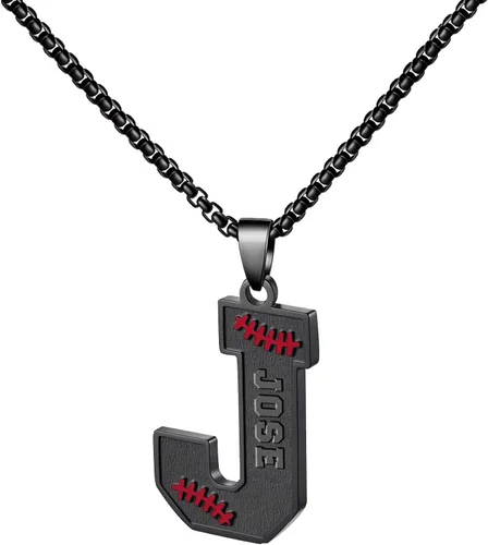 Miniatura 62 de Ldurian Collar personalizado con nombre de béisbol, cadena negra de acero inoxidable, collar con nombre deportivo, letra A-Z de 24 pulgadas, regalos