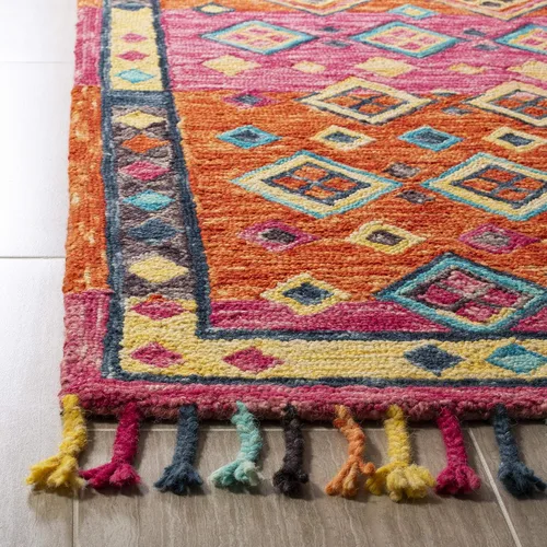 Miniatura 3 de SAFAVIEH Aspen Collection - Alfombra cuadrada de 3 pies, naranja y fucsia, hecha a mano, lana trenzada con borlas, ideal para zonas de alto tráfico
