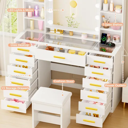 Miniatura 2 de ANWBROAD Escritorio de tocador con espejo y luces, juego de mesa de tocador de maquillaje blanco con parte superior de cristal, 13 cajones, 7