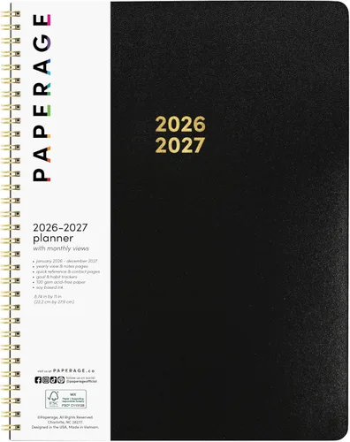 PAPERAGE Planificador mensual y anual de 2 años, 24 meses (enero 2026 - diciembre 2027), 8.5 x 11 pulgadas, Planificador espiralado 2026-2027 con