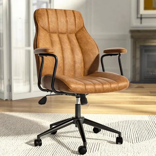 Silla de escritorio de oficina de cuero marrón con ruedas y brazos, altura ajustable, vintage, estilo moderno de mediados de siglo