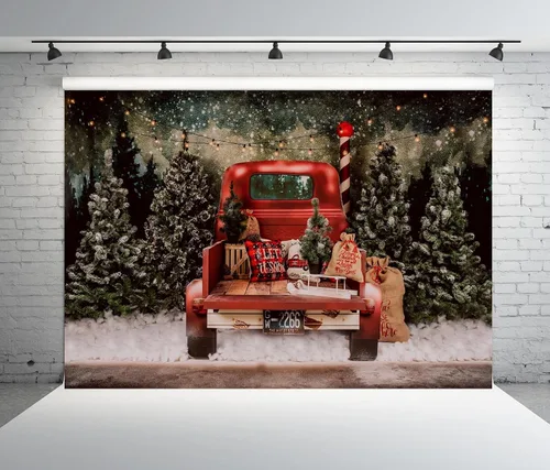 BELECO Telón de fondo rojo de Navidad de 5 x 3 pies para fotografía de invierno, bosque nevado, vintage, auto, camión, regalos de Navidad, fondo de