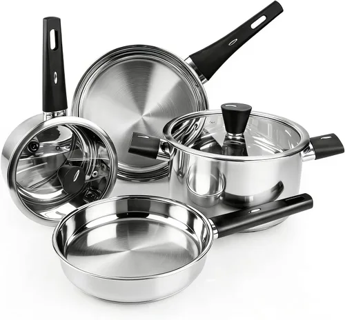 Meythway 𝐔𝐏𝐆𝐑𝐀𝐃𝐄 Juego de ollas y sartenes de acero inoxidable no tóxico, juego de 6 piezas de utensilios de cocina con mangos de enfriamiento