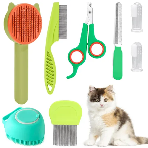 VCZONE Kit de aseo de cepillo para gatos, kit de limpieza automática para mascotas con cortaúñas y lima para mascotas, peine de pulgas, cepillo de