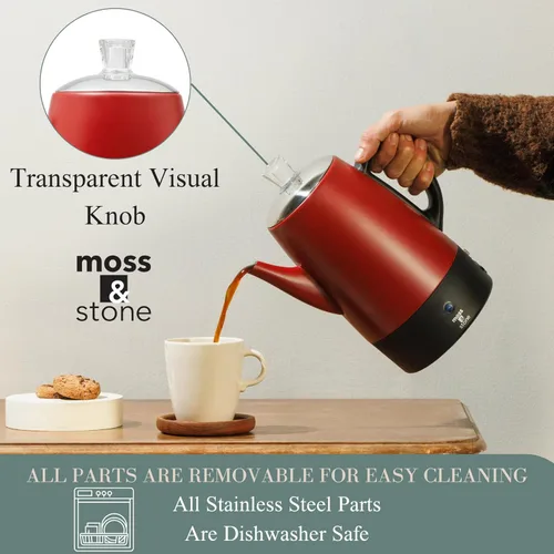 Miniatura 6 de Moss & Stone Percoladora de café eléctrica, cuerpo rojo con tapa de acero inoxidable, cafetera eléctrica percoladora, cafetera roja para campamento