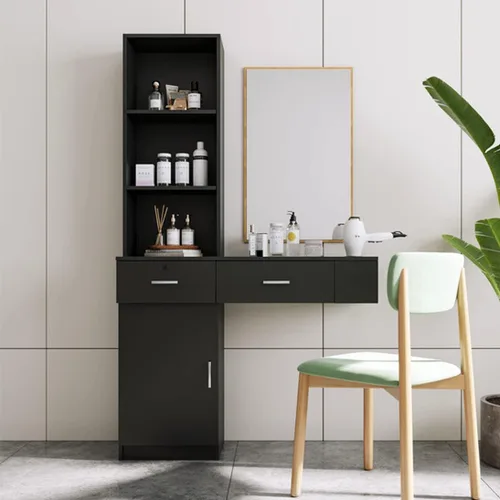 Estación de salón de madera moderna, gabinete de salón negro montado en la pared, estación de peluquería para peluquería con cajones y estantes de