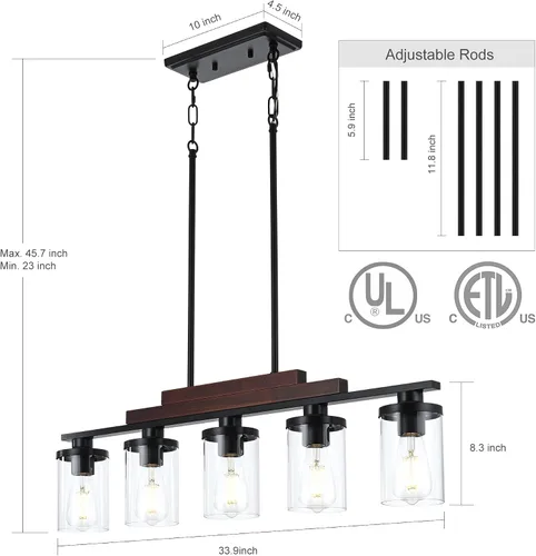 Miniatura 2 de Lámpara de comedor sobre la mesa, lámpara de araña sobre la isla de cocina de estilo granja, lámpara de araña rectangular lineal rústica en negro