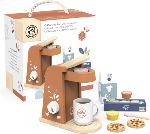 SPEEDY MONKEY Juego de Máquina de Café de Madera para Niños – Certificado FSC Juego de Simulación de Cafetera Espresso, Conjunto de Café de Juego de