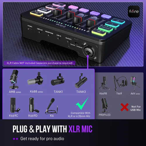 Miniatura 8 de FIFINE Mezclador de audio para juegos, mezclador de PC RGB para streaming con interfaz de micrófono XLR, control individual, atenuador de volumen