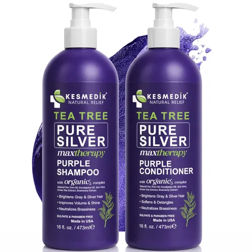 KESMEDIK Set de Champú y Acondicionador Morado de Árbol de Té, Toner Profesional Anti-Cobrizo, Neutraliza Tonos Amarillos para Cabello Teñido Gris,