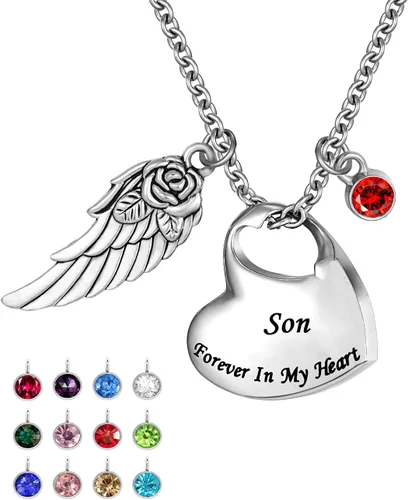 Collar de urna de cremación de doble corazón viene con ala de ángel y 12 piedras natales para cenizas, colgante conmemorativo, Forever in My Heart,