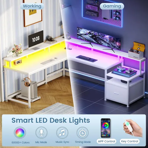 Miniatura 9 de SEDETA - Escritorio gaming en L, para oficina, casa, de 66 pulgadas, con cajón para archivos, toma de corriente, luces LED, repisa para monitor