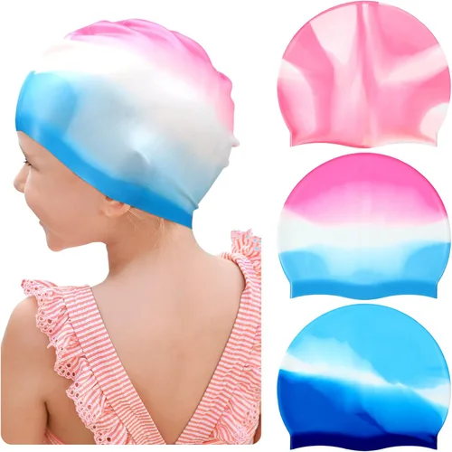 Miniatura 9 de Zhanmai 3 gorras de natación para niños de cabello largo de silicona para niñas y adolescentes con trenzas de pelo largo y rizado, rastas grandes
