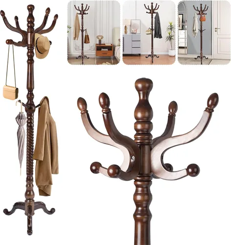 Miniatura 11 de Perchero de madera maciza – Perchero independiente de 73 pulgadas con 14 ganchos y base estable, altura ajustable, moderno árbol de madera