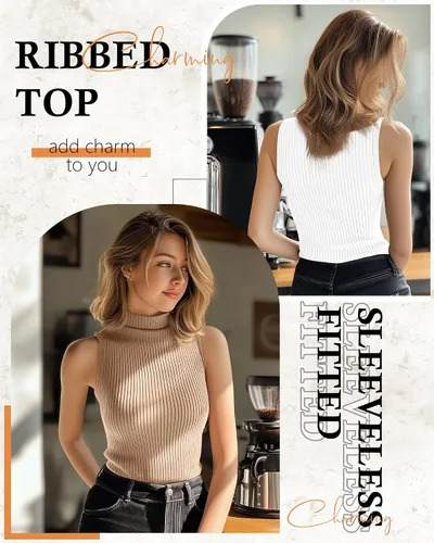Miniatura 2 de Paquete de 3 camisetas sin mangas con cuello alto falso para mujer, acanaladas, elásticas, ajustadas, básicas, ligeras, bustier