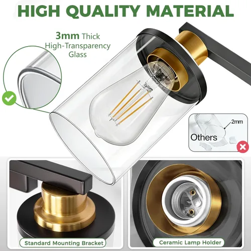 Miniatura 5 de DORESshop Lámparas de baño, 3 luces negras y doradas para baño sobre espejo con pantalla de vidrio transparente, luces de tocador para baño, Negro