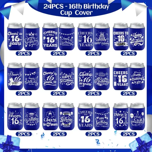 Miniatura 2 de Decoración de manga enfriadora de latas de cumpleaños número 16, 24 piezas de recuerdos de fiesta para niñas y niños, suministros de decoración