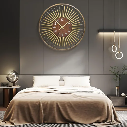 Miniatura 6 de Reloj de pared moderno de mediados de siglo de 24 pulgadas, diseño de metal de marco redondo con centro de madera de nogal, movimiento de cuarzo F