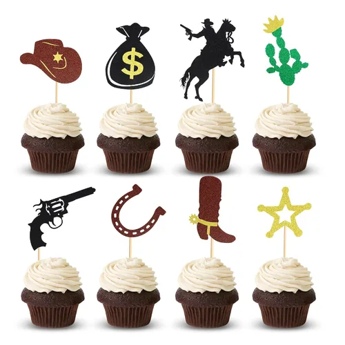 24 adornos de vaquero para cupcakes, zapatos de caballo, sombreros de vaquero, botas, púas de magdalenas, pistola de estrella, cactus, cupcakes,